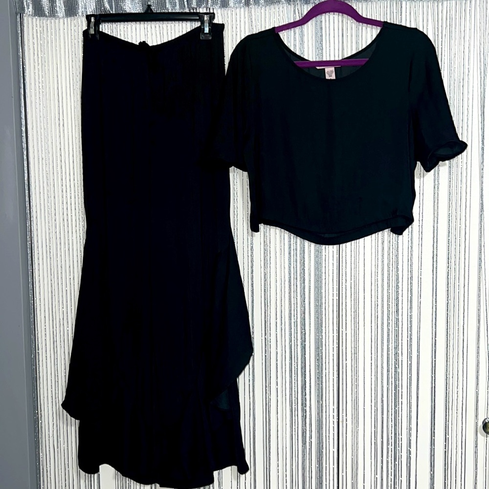 Victoria Secrets black satin pajama set.